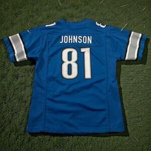 Nike On Field Calvin Johnson #81 NFL Detroit Lions Blue Home Jersey Youth Large